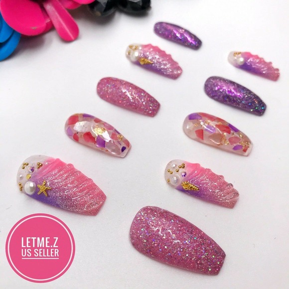 Press on Nails Glue On Long Coffin 3D Mermaid Pink - Picture 5 of 6
